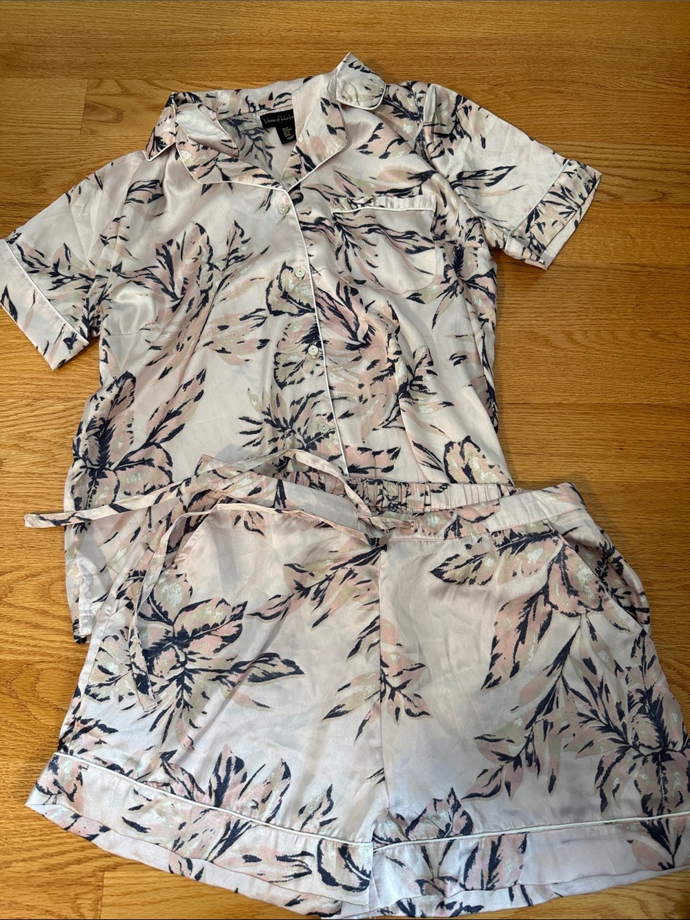 Girls Pale Pink Floral Short Pajama Set with Button-Front Top